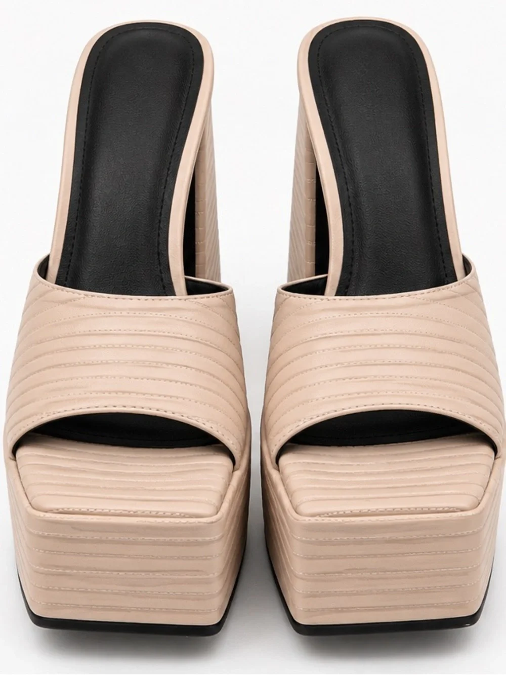 Quilted Platform Slide Mules — Beige